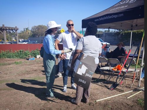 Council member Sean Elo-Rivera, San Diego Master Gardener Julia Rauner Guerrero, and Garden board member Davide Jeanbaptiste