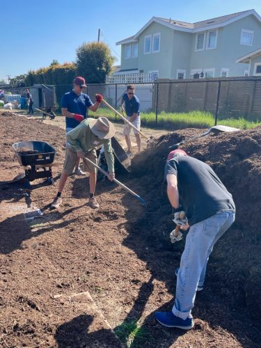 Volunteers moving mulch